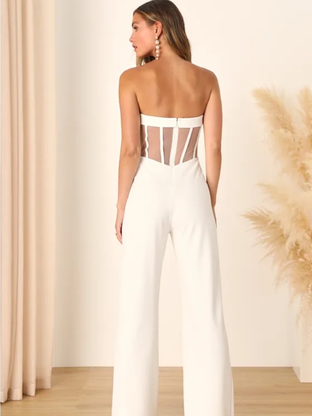 Lulu's Ivory Strapless Wide-Leg Jumpsuit with Sheer Corset Back